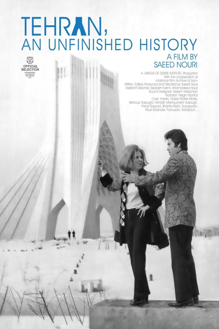 Das Filmplakat für „Tehran, An Unfinished History“ zeigt zwei Schauspieler vor dem Azadi-Turm.
