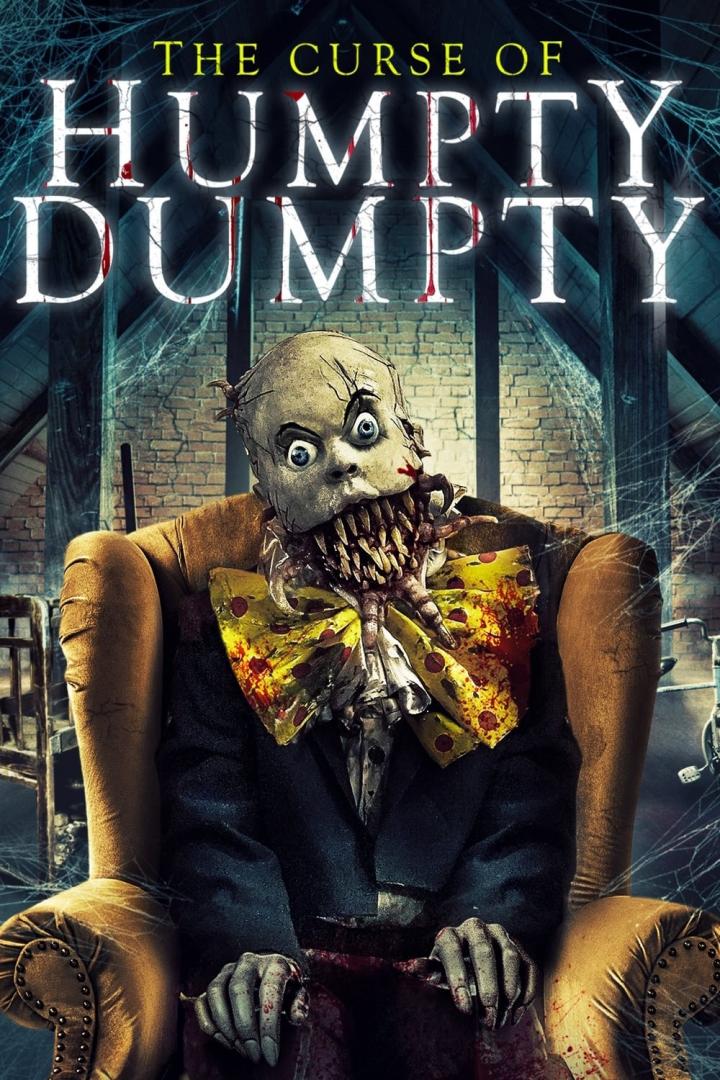 Das Filmplakat für „The Curse of Humpty Dumpty“ zeigt eine gruselige, entstellte Figur in einem Sessel.