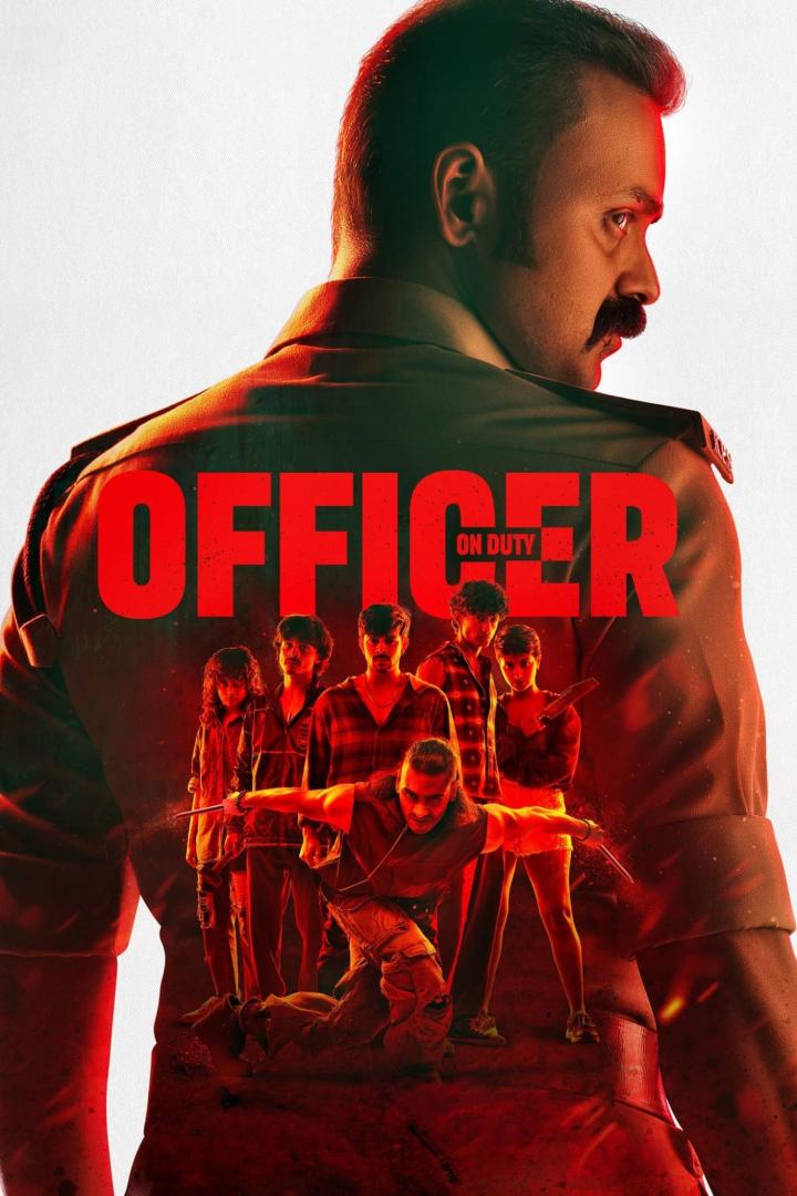 Ein Filmposter für „Officer on Duty“ zeigt einen Polizisten mit Blick auf eine Gruppe von Kriminellen.