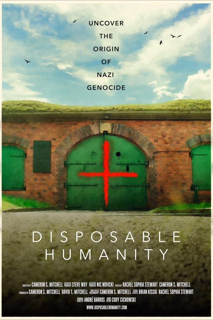 Das Filmplakat für „Disposable Humanity“ zeigt eine Festung mit einem roten Kreuz auf einem grünen Tor.