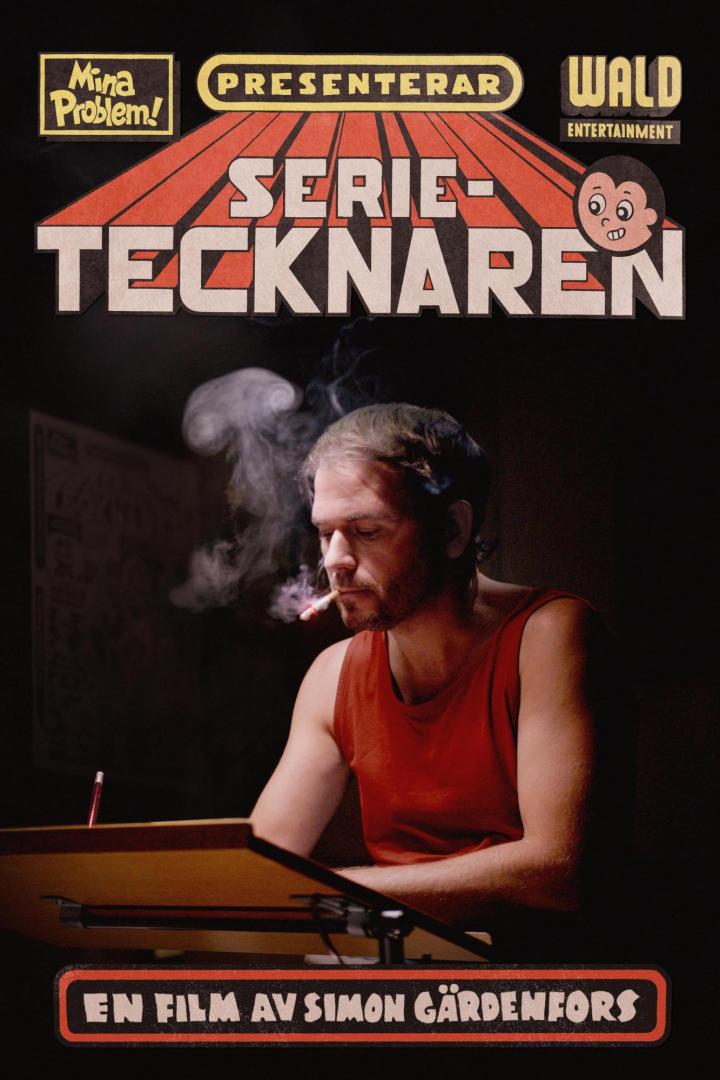 Ein Mann mit Zigarette sitzt an einem Zeichentisch; Filmposter „Serie Tecknaren“.