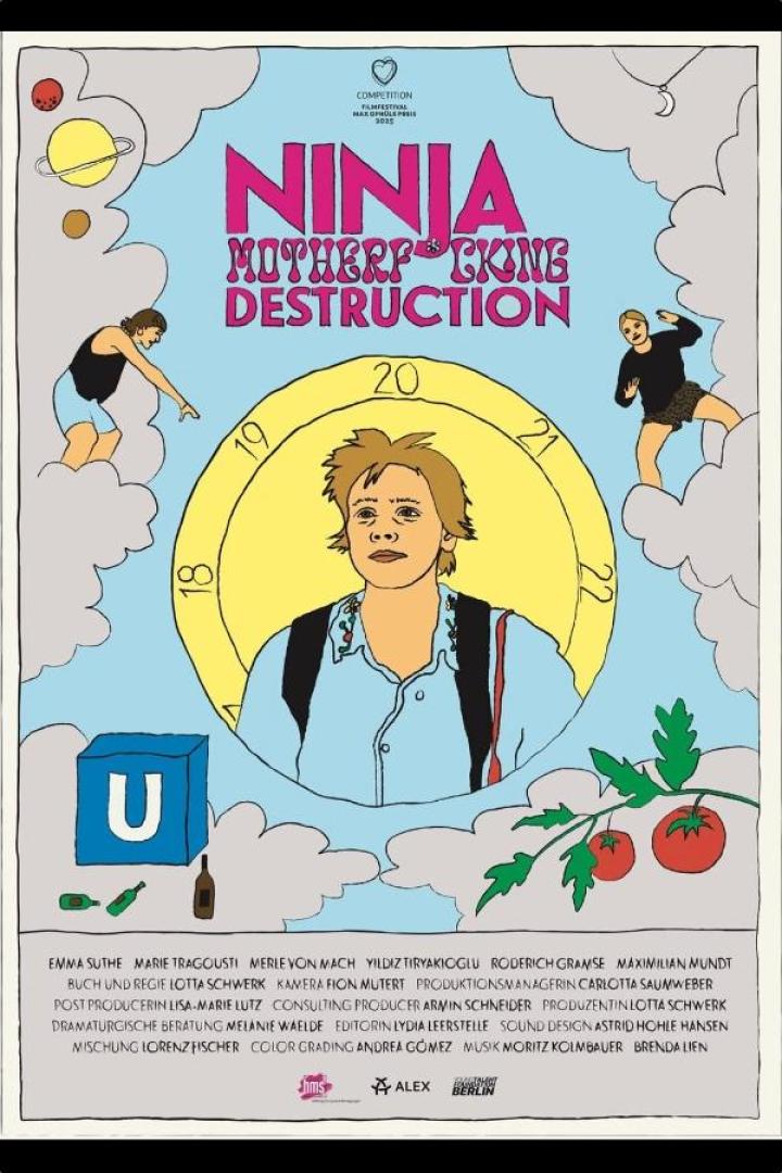 Das Filmplakat für „Ninia Motherf**king Destruction“ zeigt eine stilisierte, farbenfrohe Szene.