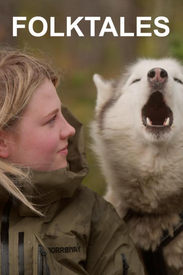 Eine junge Frau mit einem Huskie, der sein Maul aufreißt, vor dem Schriftzug „Folktales“.