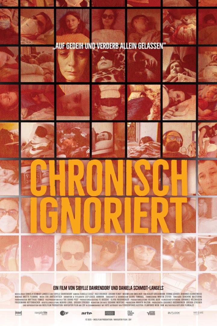 Das Filmplakat für „Chronisch Ignoriert“ zeigt eine Collage von Menschen, die meist in Betten liegen.