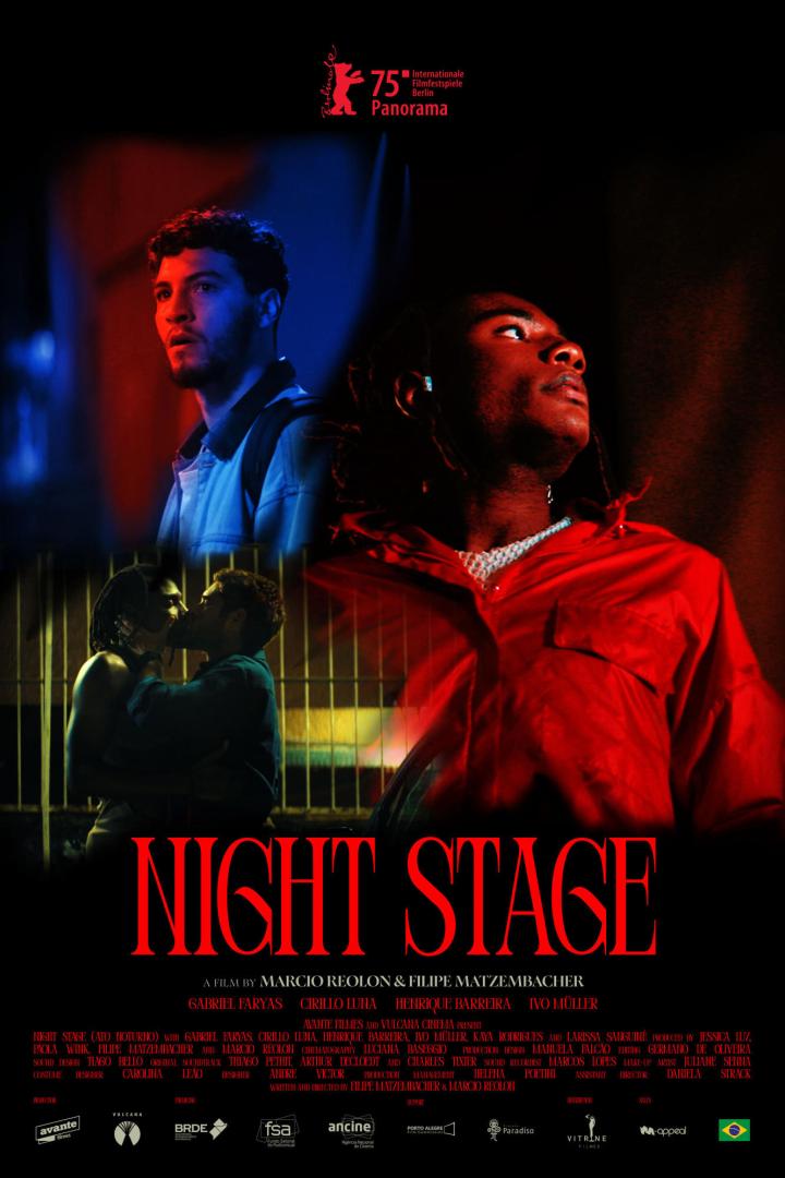 Das Filmplakat für „Night Stage“ zeigt zwei Männer in verschiedenen Szenen.