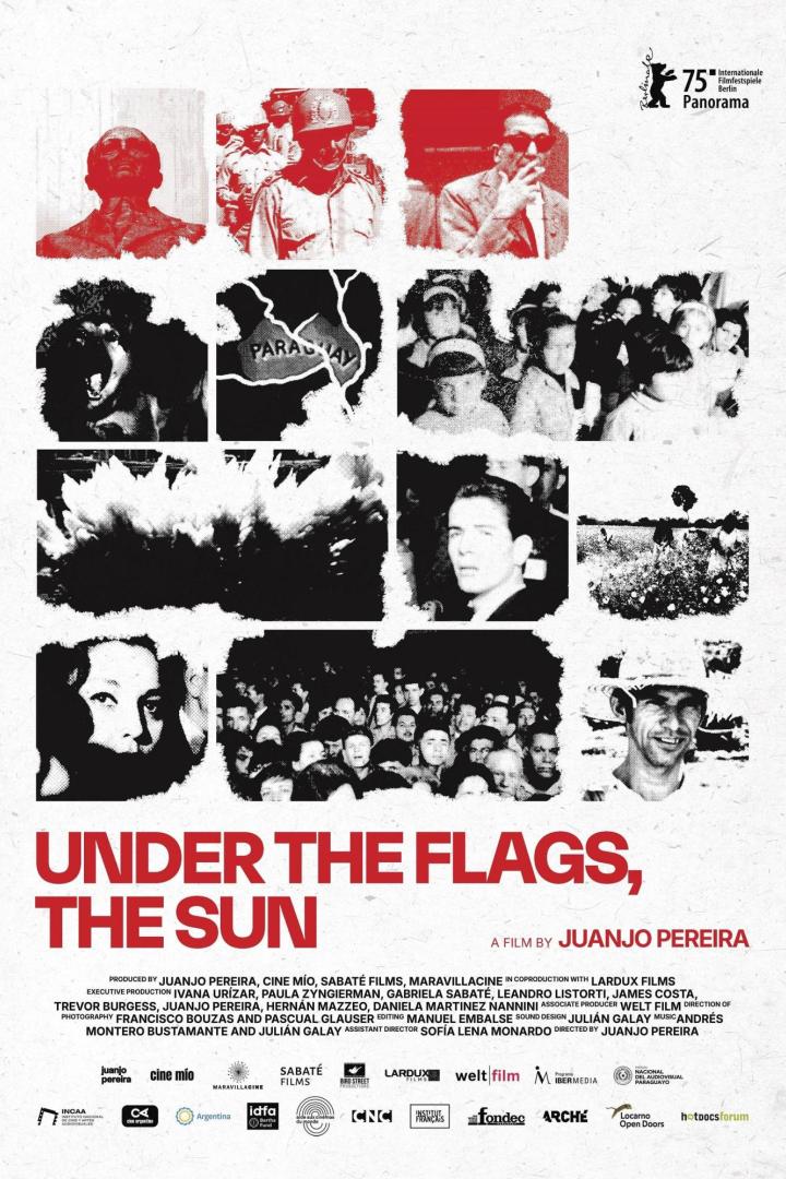 Das Filmplakat für „Under the Flags, The Sun“ zeigt verschiedene Schwarzweißfotografien.