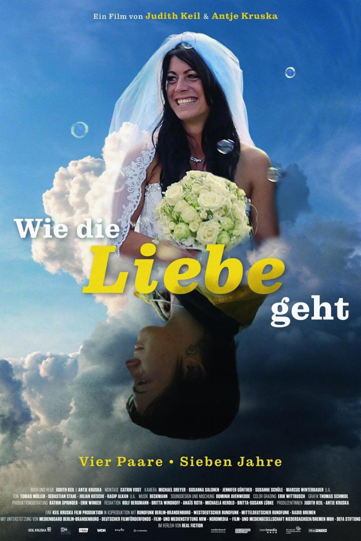 Das Filmplakat zu „Wie die Liebe geht“ zeigt eine lächelnde Braut vor blauem Himmel.