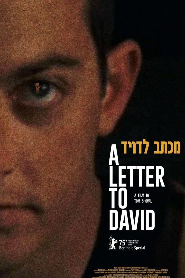 Das Filmplakat für „A Letter to David“ zeigt das Gesicht eines Mannes, in dessen Auge ein weiteres Gesicht reflektiert wird.