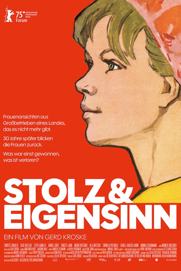 Das Filmplakat zu „Stolz & Eigensinn“ zeigt das stilisierte Profil einer Frau vor rotem Hintergrund.