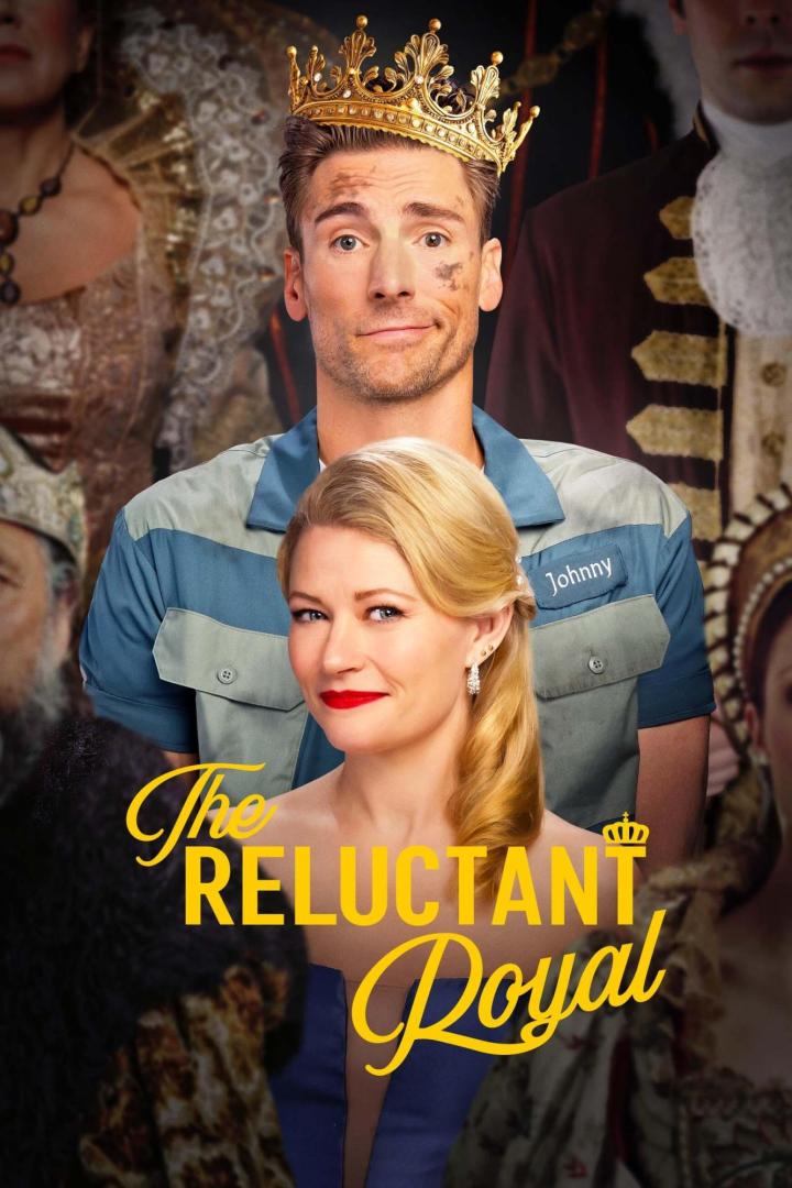 Das Filmplakat für „The Reluctant Royal“ zeigt einen Mann mit Krone und eine Frau mit rotem Lippenstift vor historischem Hintergrund.