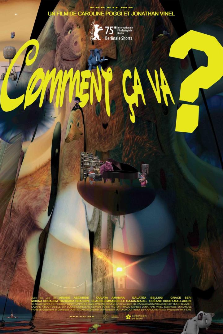 Das Filmplakat für „Comment ça va?“ zeigt animierte Figuren und ein gelbes Fragezeichen.