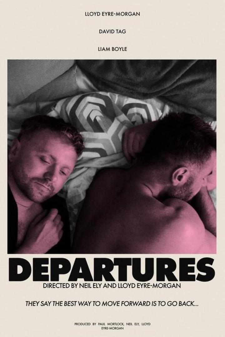 Filmplakat für „Departures“ mit zwei Männern, die im Bett liegen.