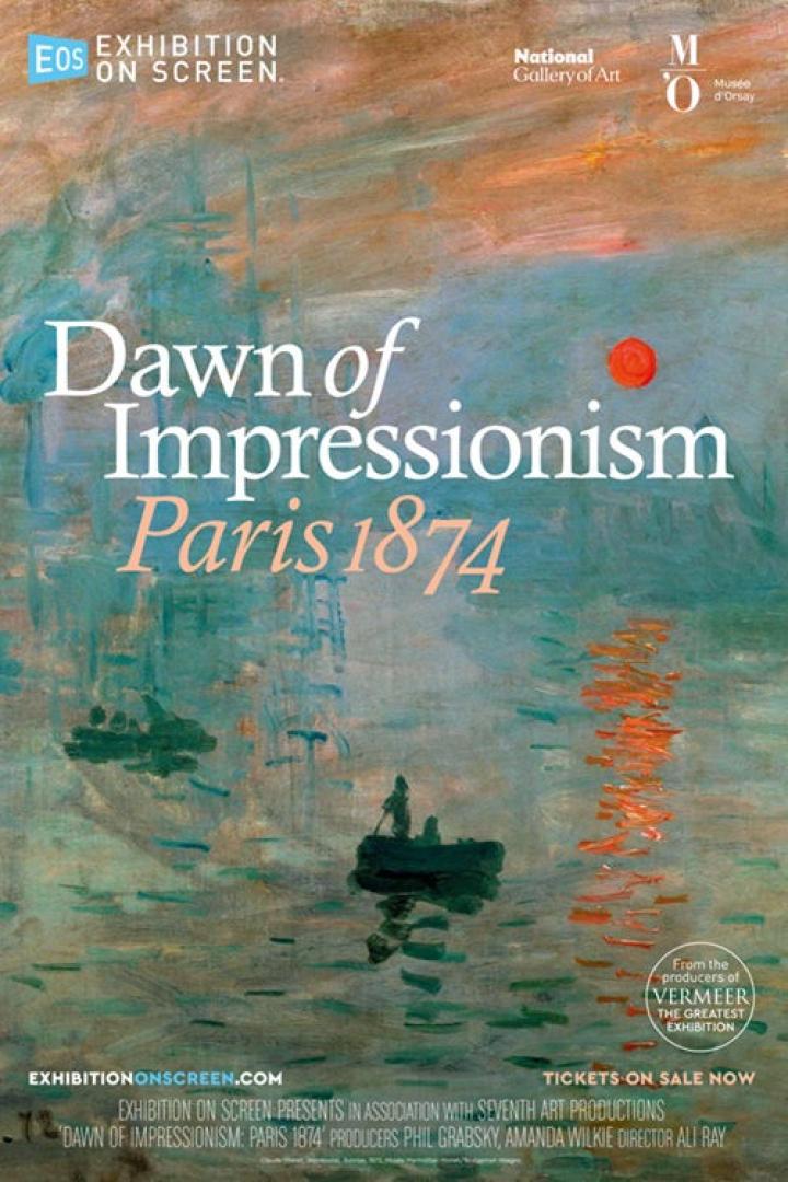 Ein Ausstellungsplakat für „Dawn of Impressionism: Paris 1874“ mit einem impressionistischen Gemälde.