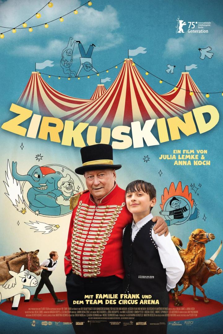 Das Filmplakat für „Zirkuskind“ zeigt einen Mann im Zirkusdirektor-Kostüm und ein Kind vor Zirkusmotiven.