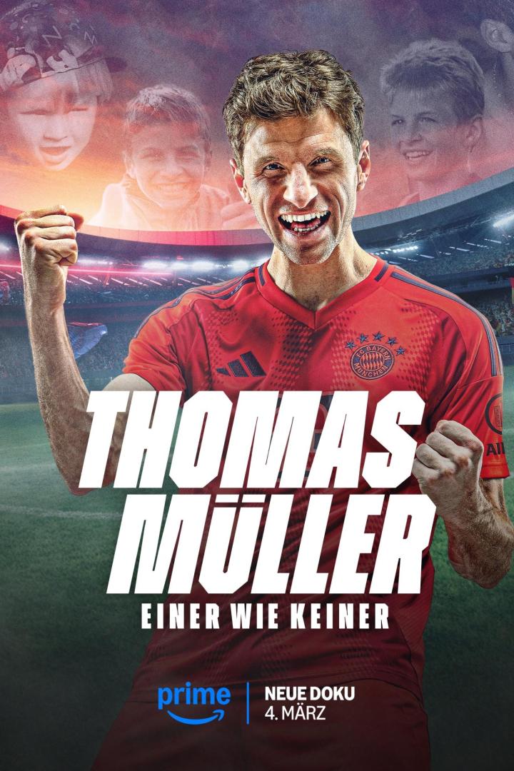 Das Filmplakat zeigt Thomas Müller, umrahmt von Bildern seiner Kindheit, für die Doku „Einer wie keiner“.