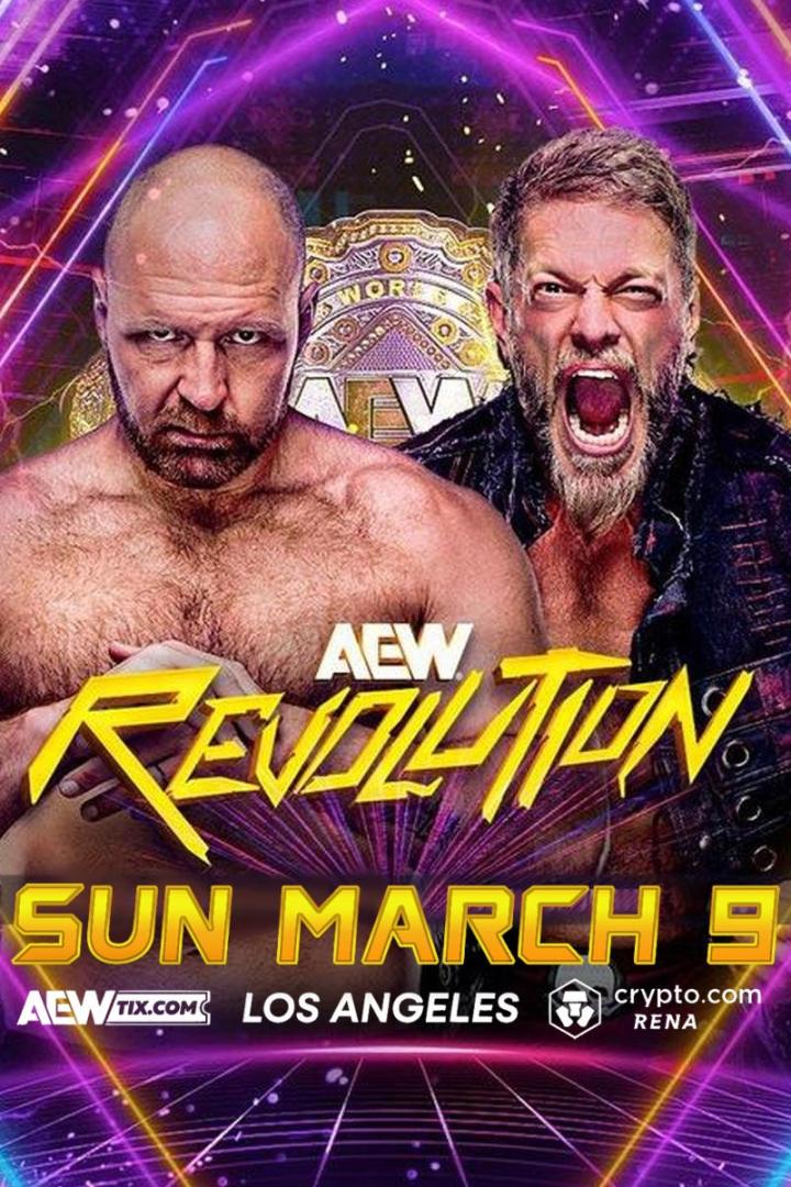Werbeplakat für AEW Revolution mit Jon Moxley und Adam Copeland (Edge) in Los Angeles.