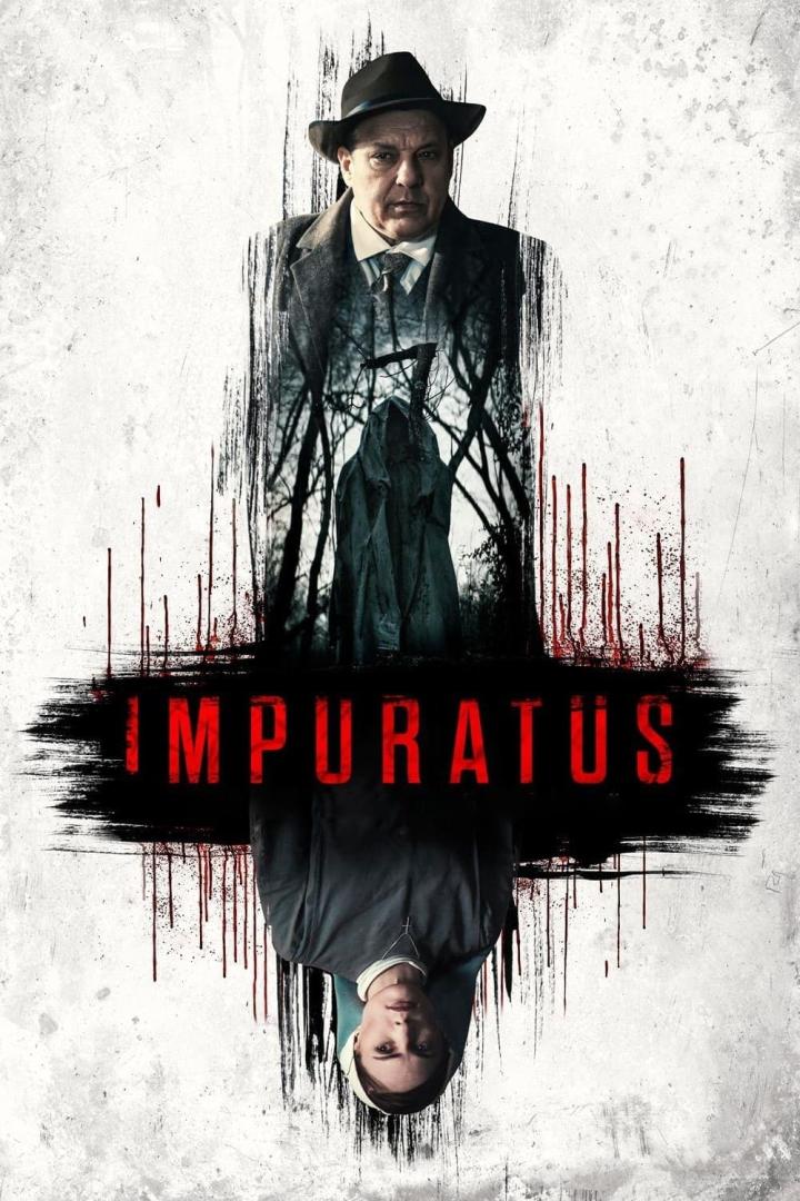Das Filmplakat für „Impuratus“ zeigt einen Detektiv und eine Nonne vor einem unheimlichen Hintergrund.