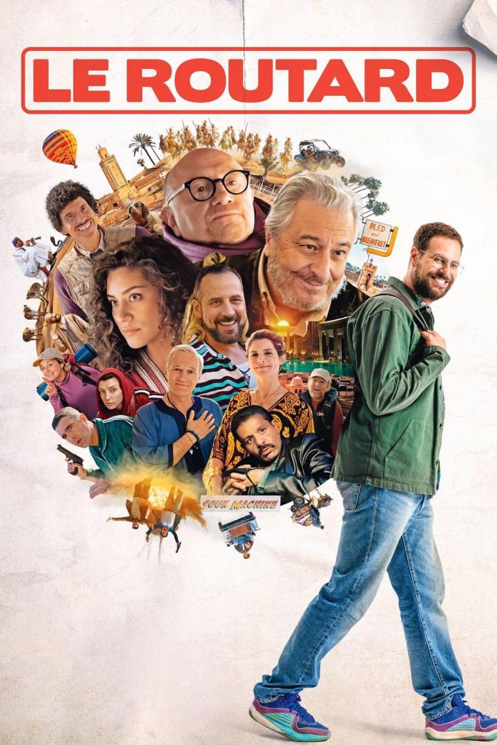 Das Filmplakat für „Le Routard“ zeigt eine Collage von Charakteren und Schauplätzen vor einem Mann, der zu Fuß unterwegs ist.