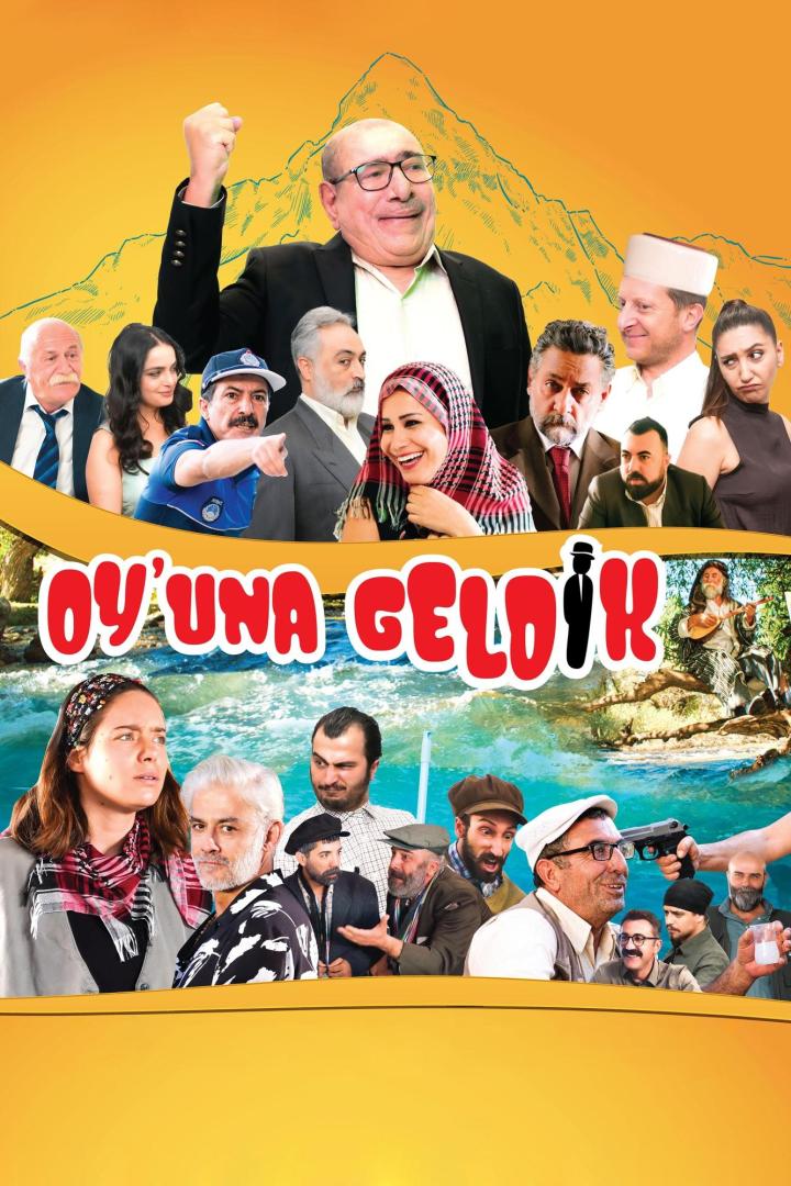 Das Filmplakat für „Oyuna Geldik“ zeigt eine Gruppe von Schauspielern vor einer Bergkulisse.