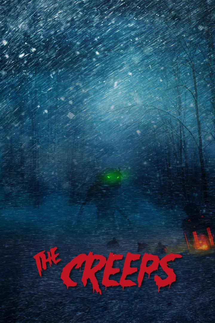 Ein verschneiter Wald mit dem Titel „The Creeps“ und einer unheimlichen Gestalt mit leuchtenden Augen.