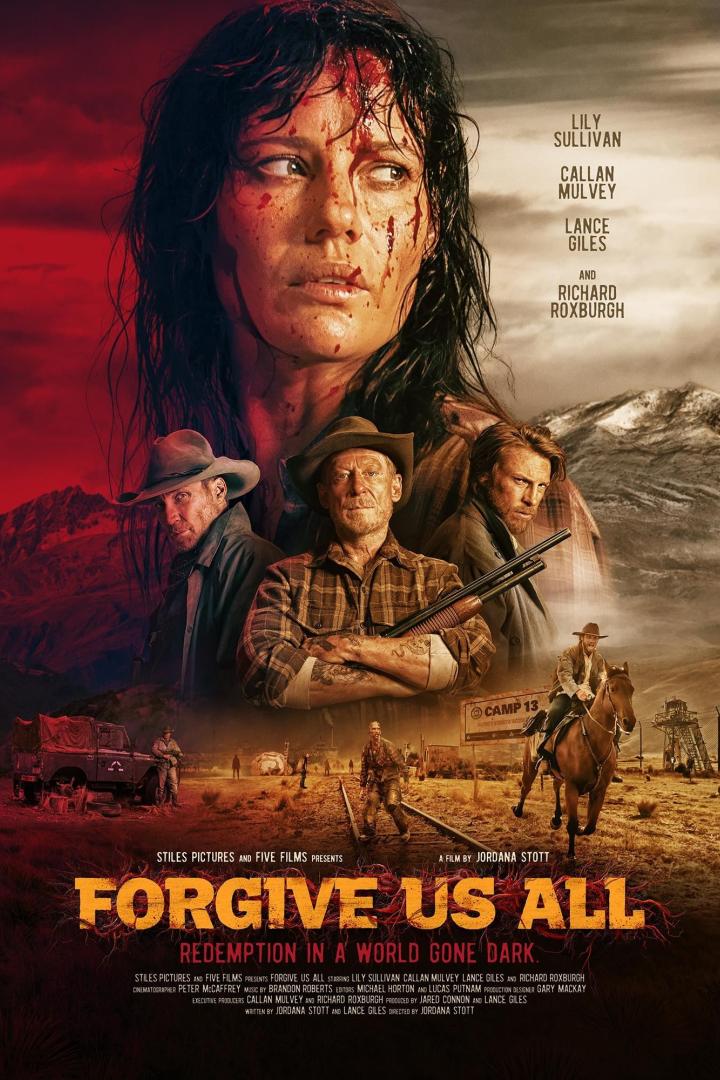 Das Filmplakat für „Forgive Us All“ zeigt eine blutverschmierte Lily Sullivan und weitere Darsteller vor einer apokalyptischen Kulisse.