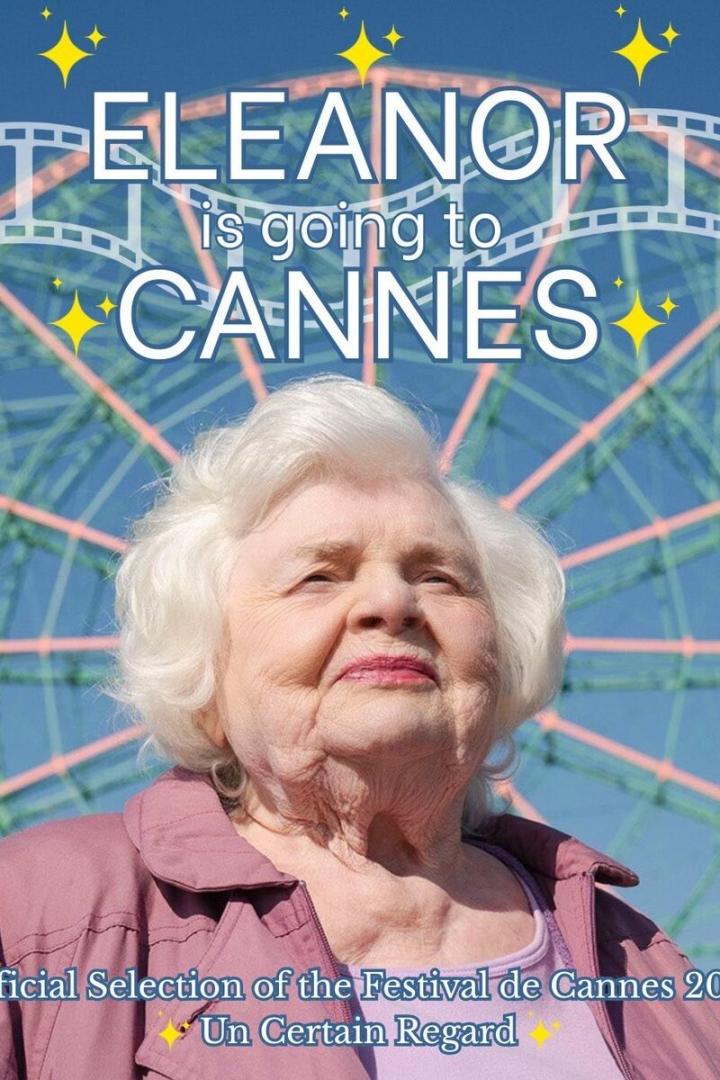 Porträt einer älteren Frau vor einem Riesenrad, mit dem Text „Eleanor is going to Cannes“.