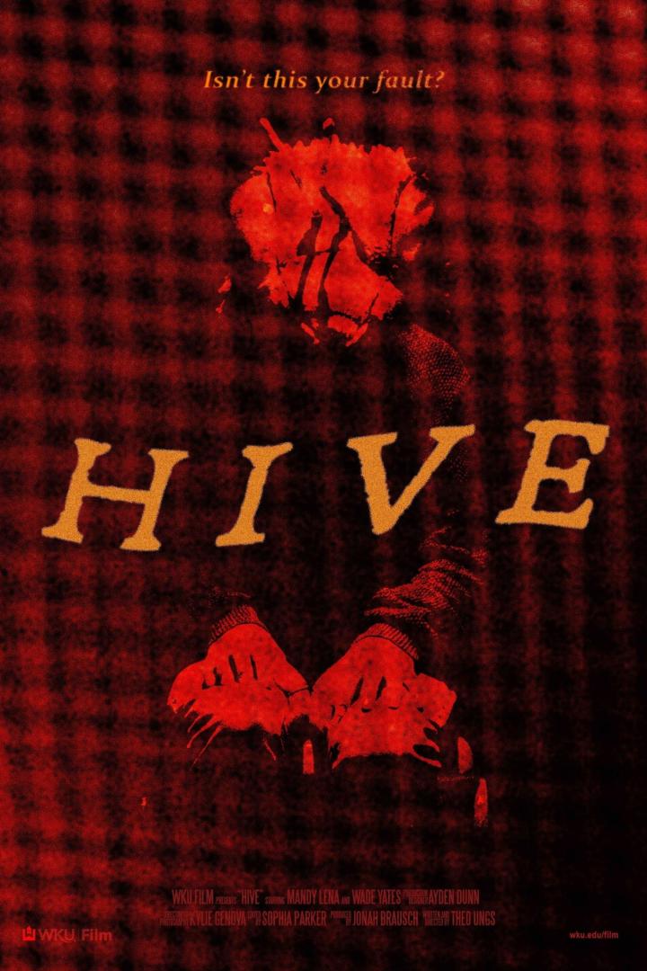 Das rote Filmplakat für „Hive“ zeigt eine unheimliche Gestalt und die Frage: „Isn't this your fault?“.