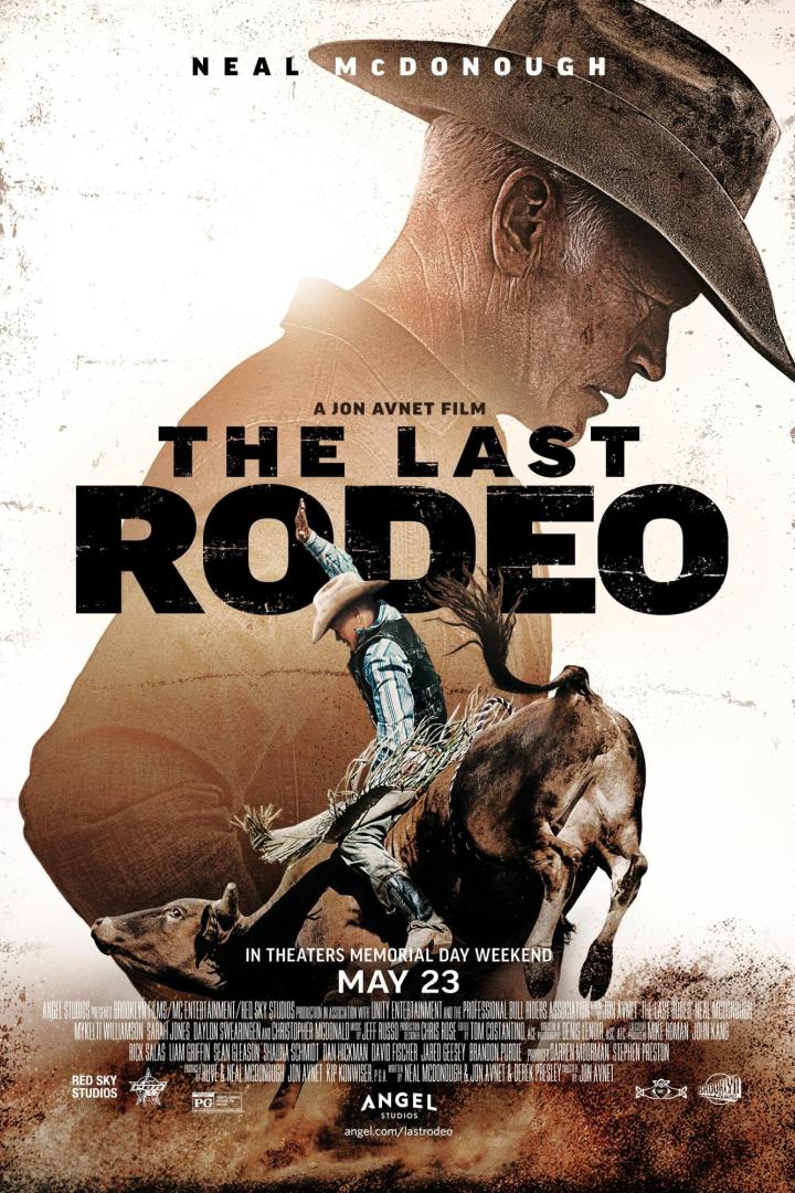 Das Filmplakat für „The Last Rodeo“ zeigt Neal McDonough und einen Bullenreiter.