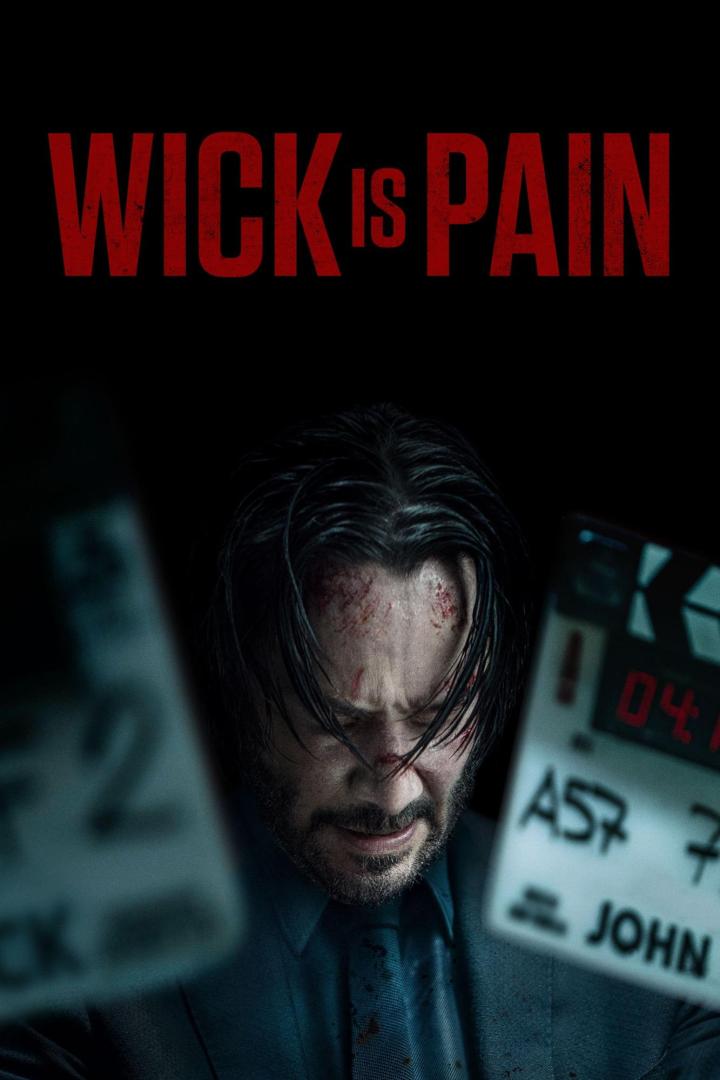 Ein blutverschmierter Keanu Reeves hält eine Filmklappe für „John Wick“ vor dem Gesicht.
