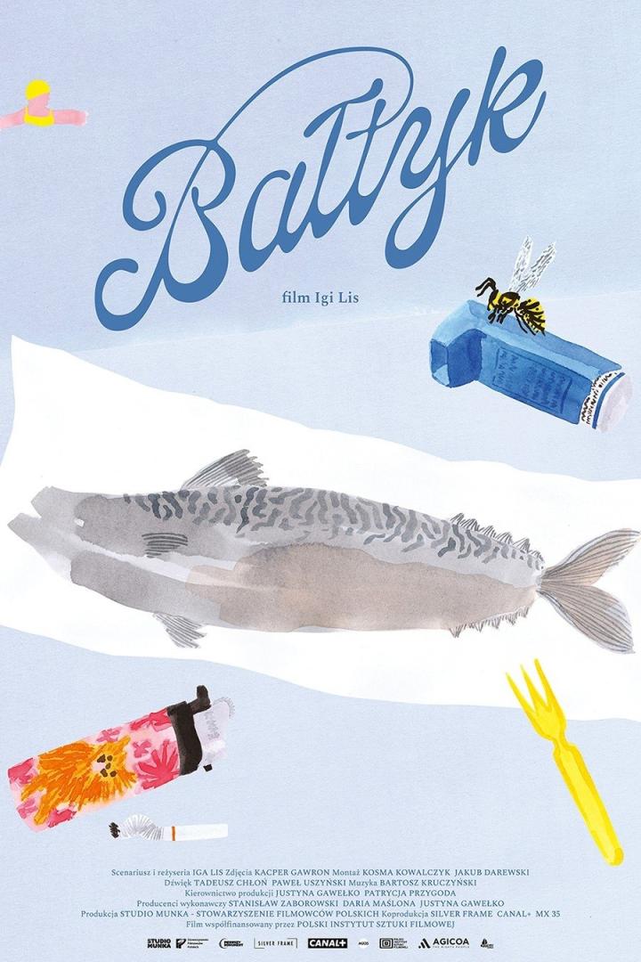 Das Filmplakat für „Bałtyk“ zeigt stilisierte Illustrationen von Ostsee-Elementen.