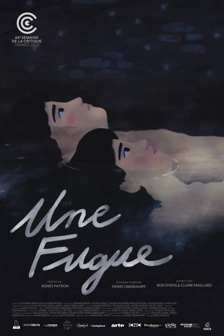 Das animierte Filmposter für „Une Fugue“ zeigt zwei Frauen, die im Wasser liegen.