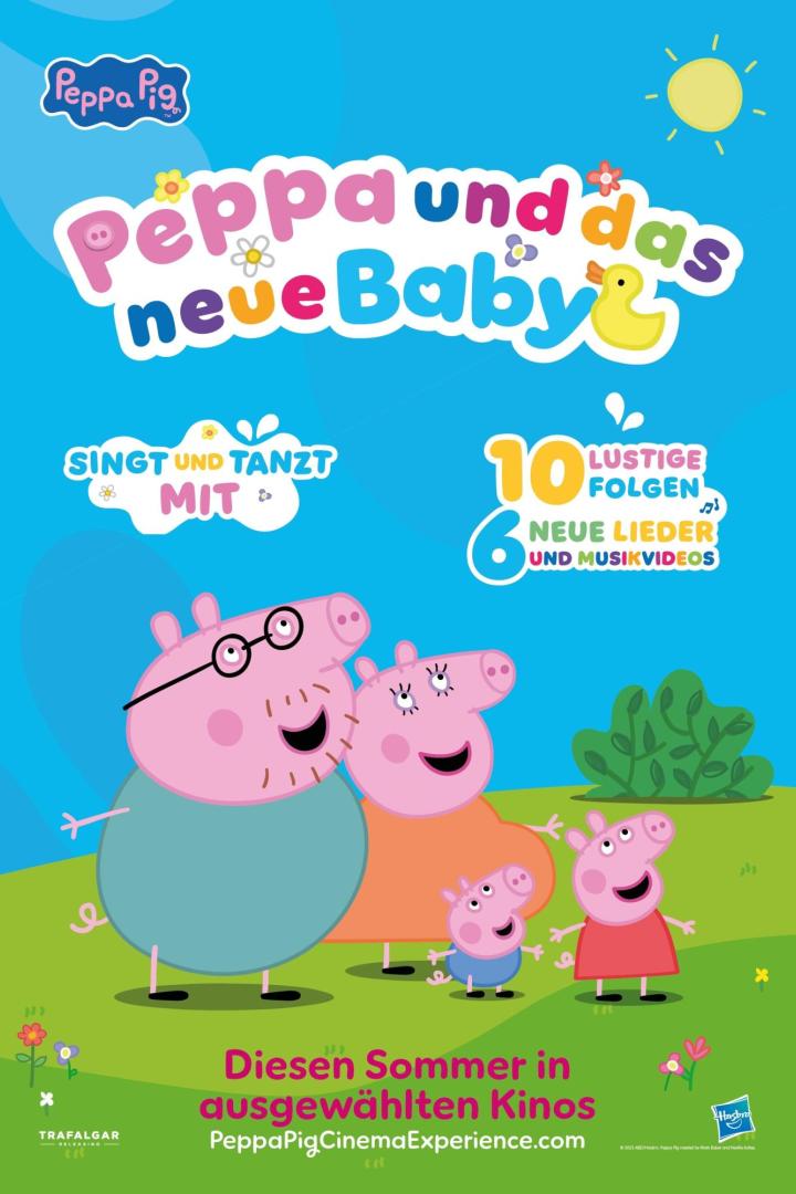 Das Filmplakat zu „Peppa und das neue Baby“ zeigt Peppa Wutz und ihre Familie.