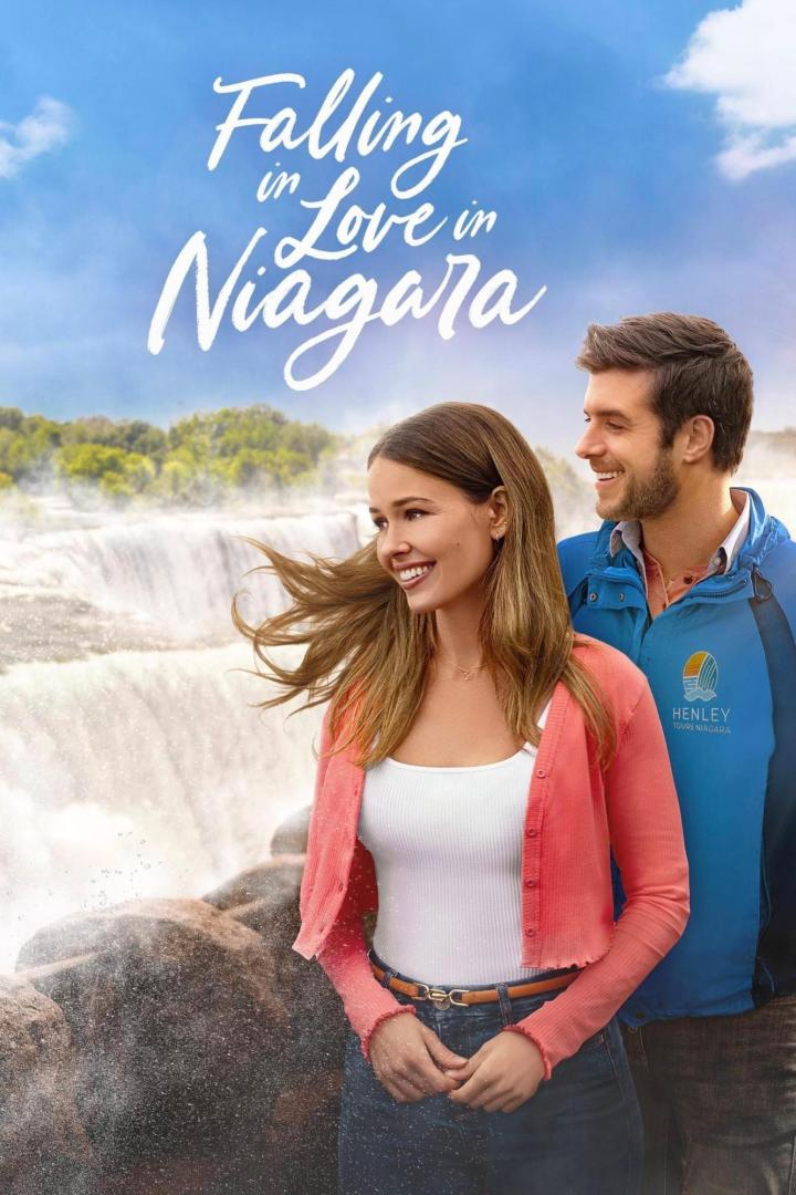 Ein Paar steht vor den Niagarafällen; Filmposter für „Falling in Love in Niagara“.