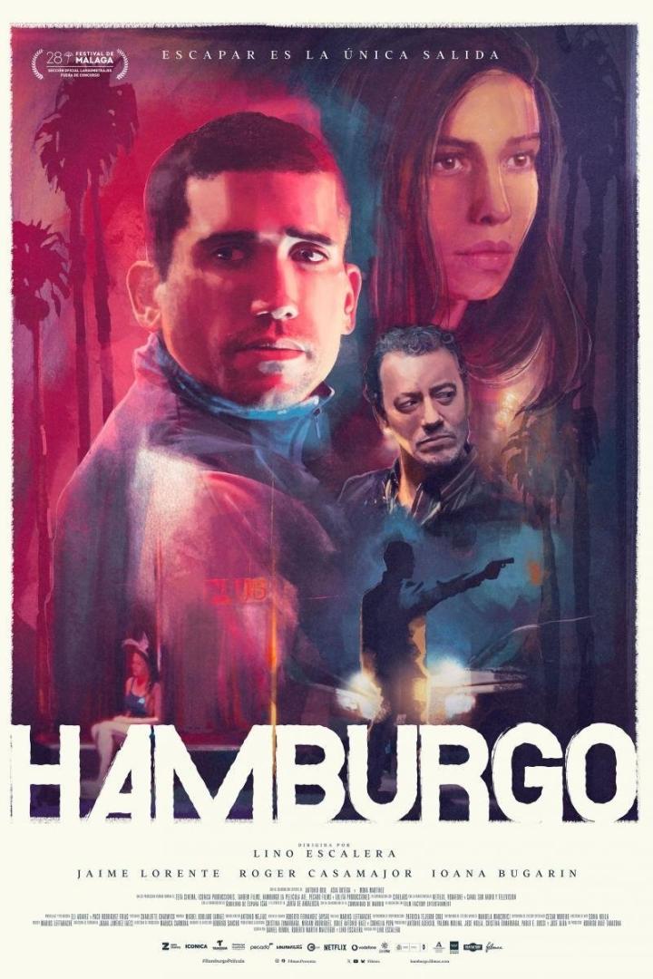 Das Filmplakat für „Hamburgo“ zeigt die Gesichter der Hauptdarsteller und eine Person mit einer Waffe.