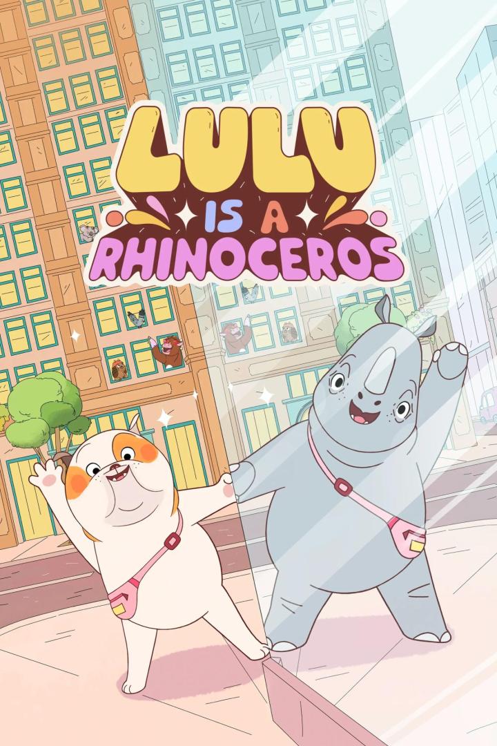 Ein animiertes Bild mit einem Hund und einem Nashorn vor dem Hintergrund einer Stadt, mit dem Titel „Lulu is a Rhinoceros“.