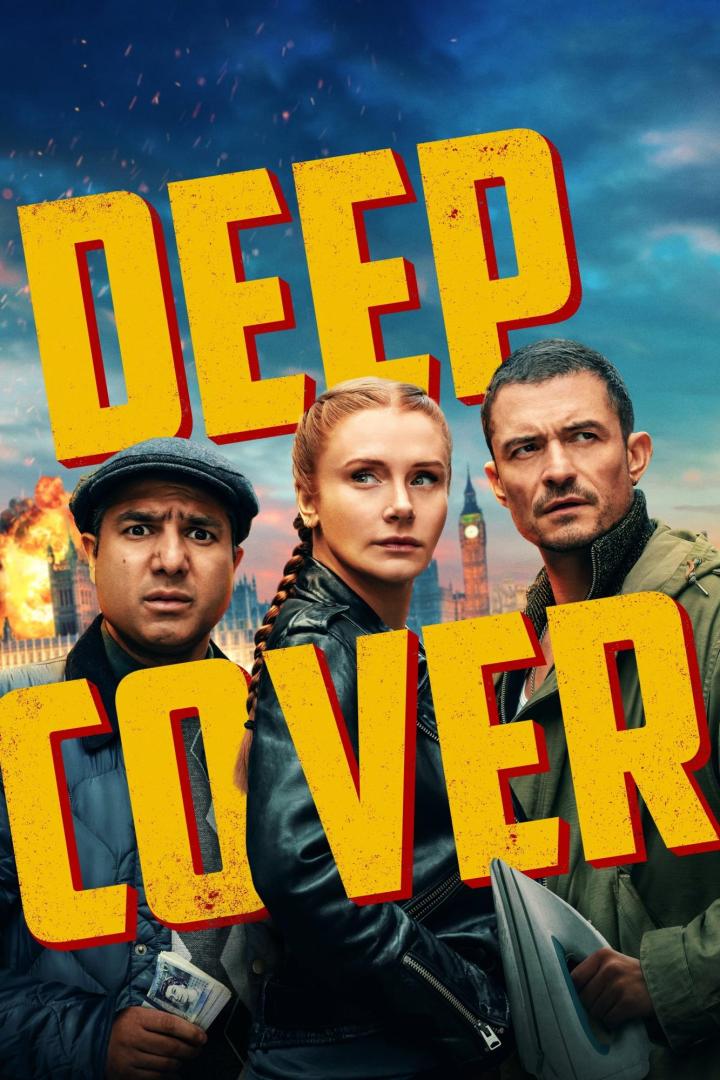 Das Filmplakat für „Deep Cover“ zeigt drei Schauspieler vor dem Hintergrund des brennenden Big Ben.