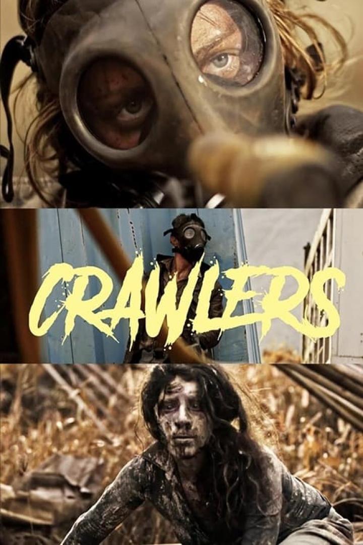 Ein dreiteiliges Bild zeigt Szenen aus dem Film „Crawlers“ mit Menschen in einer dystopischen Welt.