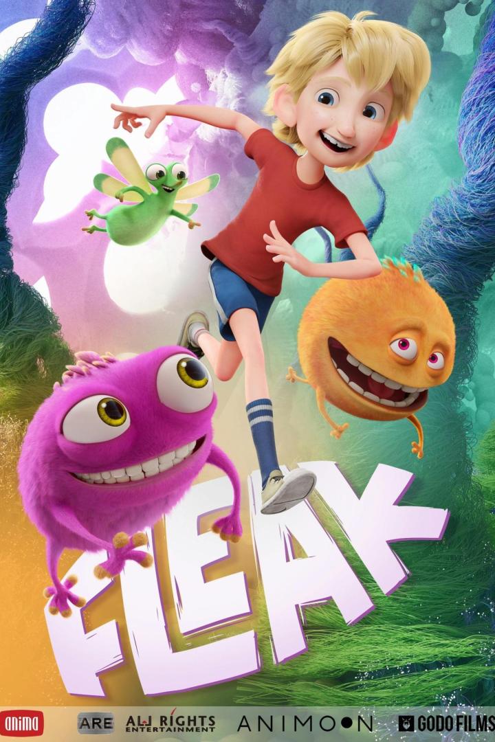 Ein animierter Junge rennt mit einem grünen Insekt und zwei bunten Monstern.