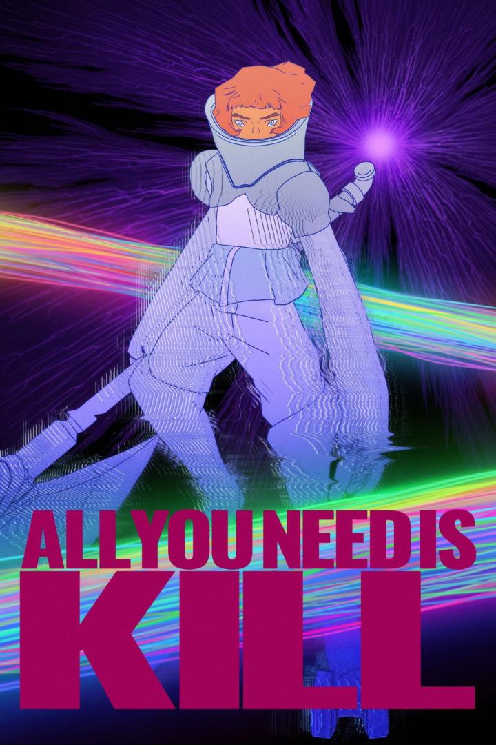 Illustration für „All You Need Is Kill“ mit einer futuristischen Soldatin vor einem psychedelischen Hintergrund.