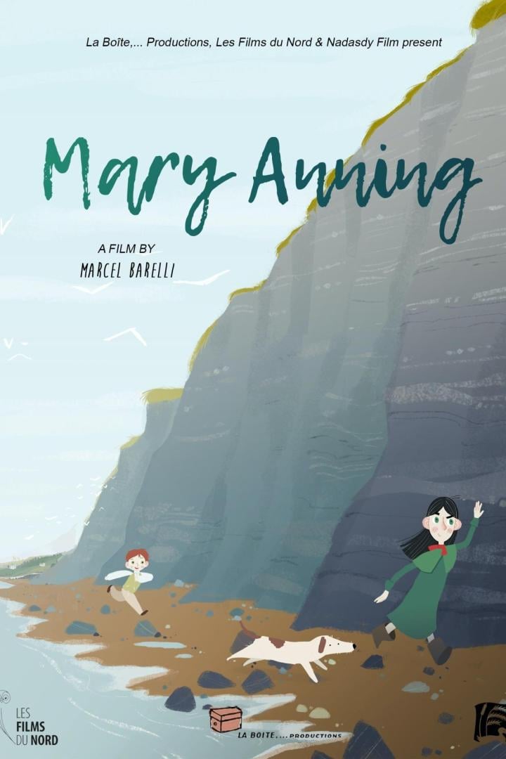 Das animierte Filmposter zeigt Mary Anning an der Küste mit einem Hund.