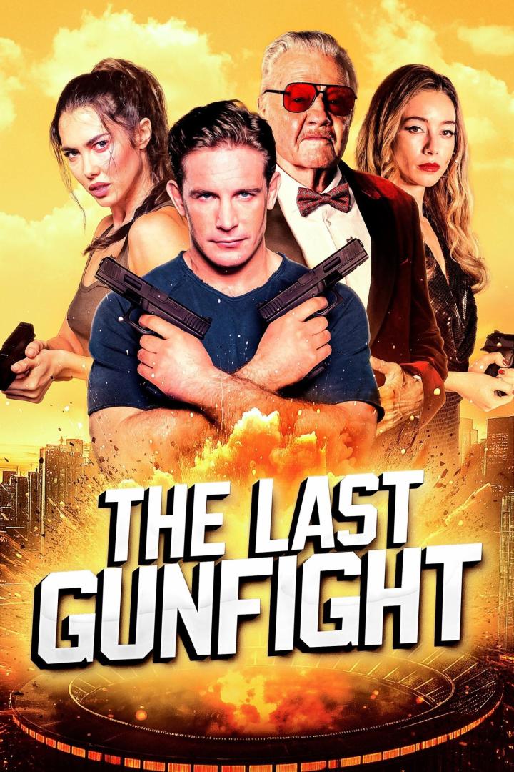 Das Filmplakat für „The Last Gunfight“ zeigt vier bewaffnete Personen vor einer explodierenden Stadtkulisse.