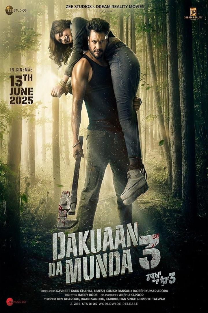 Ein Mann trägt eine Frau auf seinen Schultern, im Hintergrund ein Wald, vermutlich ein Filmposter für „Dakuaan Da Munda 3“.