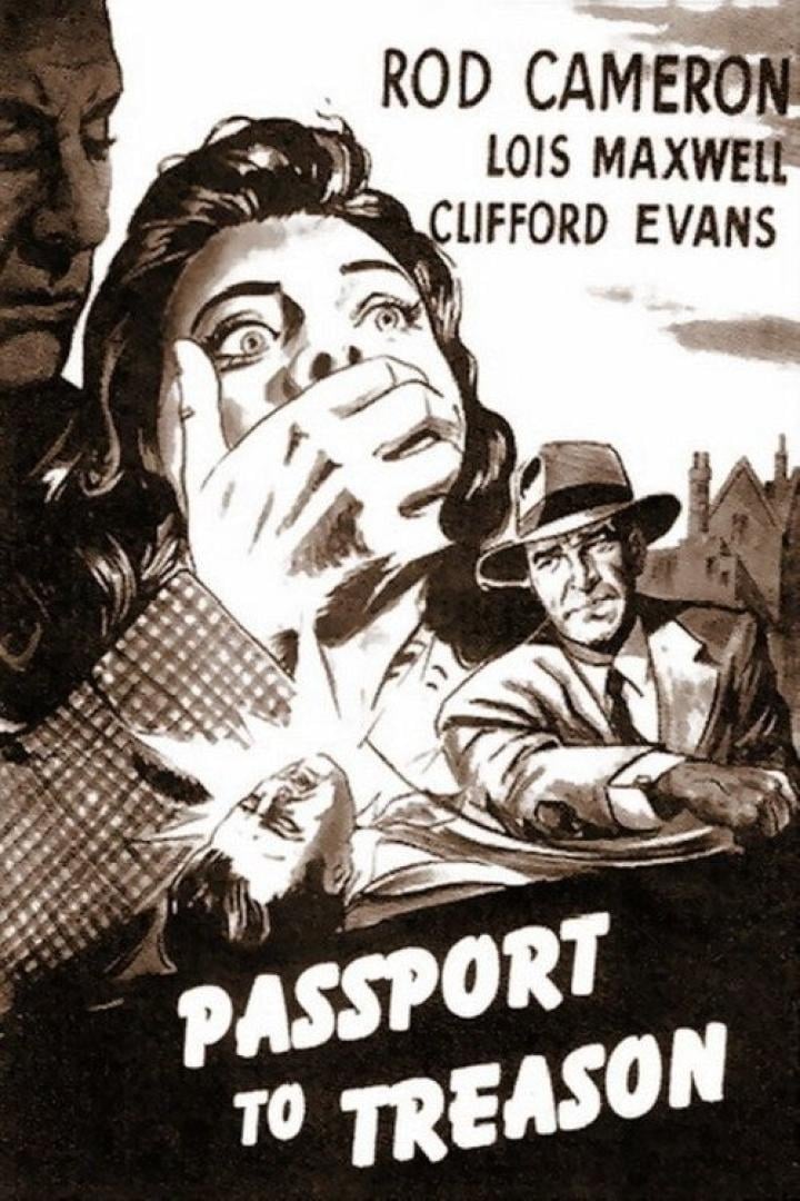 Das Filmplakat für „Passport to Treason“ zeigt eine bedrohte Frau und einen Mann mit Hut.