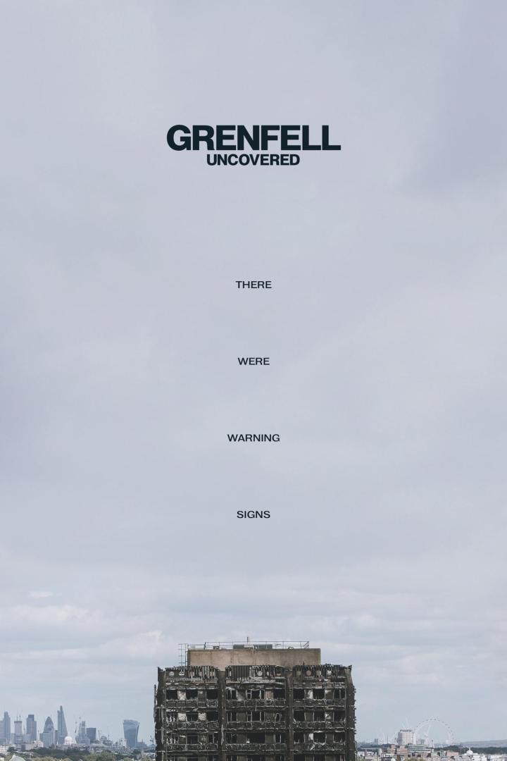 Das ausgebrannte Grenfell Tower-Gebäude unter einem bedeckten Himmel mit dem Text „Grenfell Uncovered“.