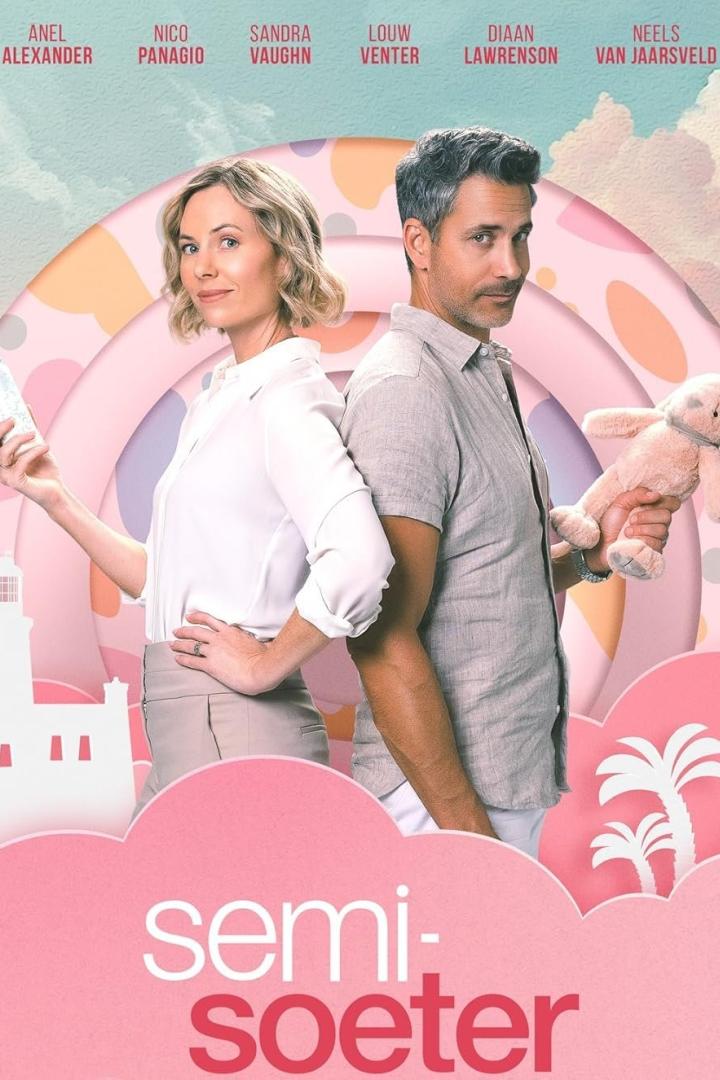 Das Filmplakat für „Semi-Soeter“ zeigt ein Paar, das Rücken an Rücken steht, mit Babysachen im Arm.