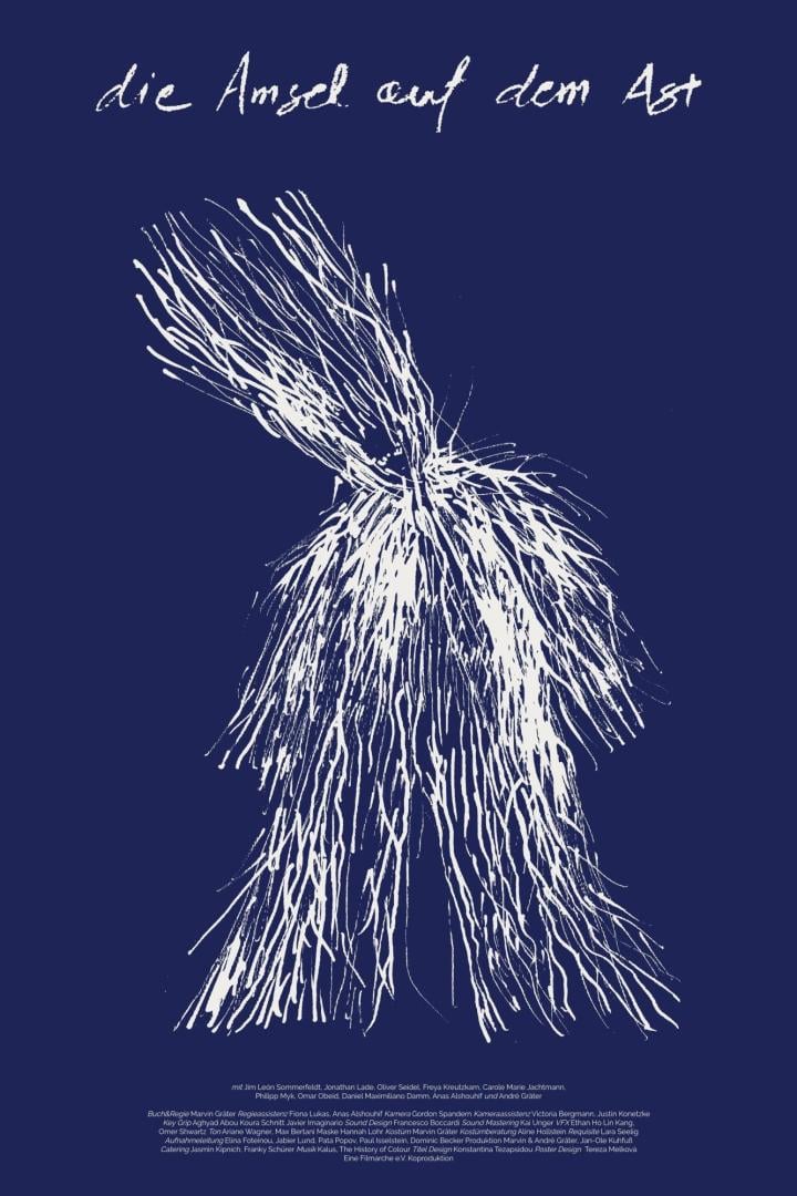 Das Filmplakat zu „Die Amsel auf dem Ast“ zeigt eine abstrakte, weiße Zeichnung auf blauem Grund.