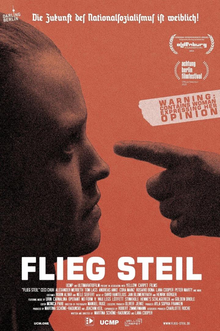 Das Filmplakat für „Flieg Steil“ zeigt ein Gesicht und einen warnenden Finger vor rotem Hintergrund.