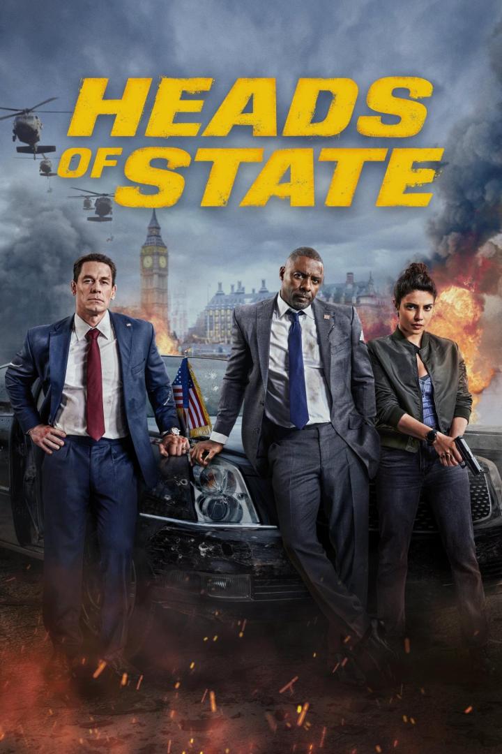 Das Filmplakat für „Heads of State“ zeigt John Cena, Idris Elba und Priyanka Chopra vor einem zerstörten Auto.