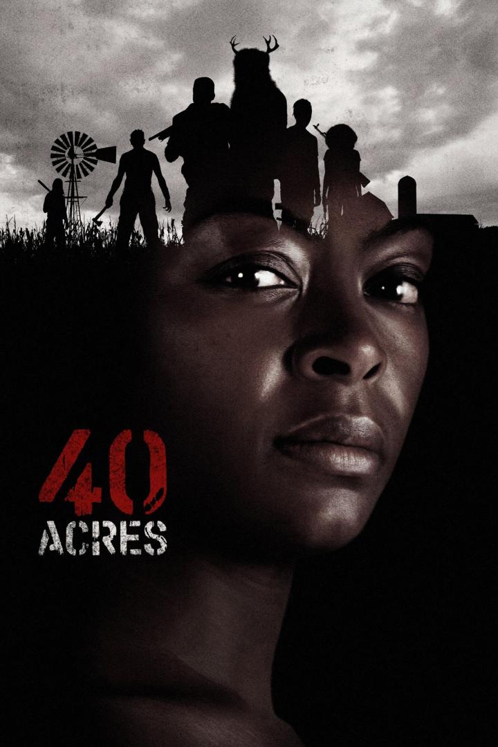 Das Filmplakat für „40 Acres“ zeigt das Gesicht einer Frau vor einer unheilvollen ländlichen Szene.