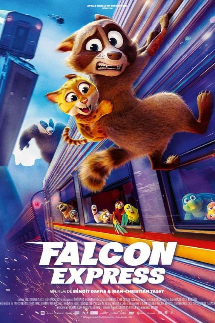 Das Filmplakat für „Falcon Express“ zeigt einen Waschbären und eine Katze, die an einem Zug hängen.